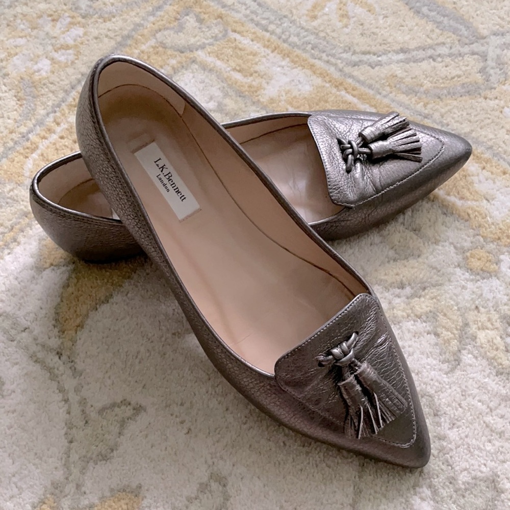 LK Bennett Metallic Pewter Pointed Tassel Flats